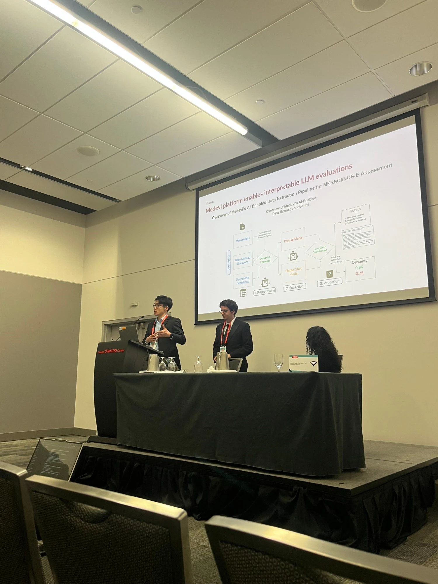 Medevi team members at the podium presenting a slide of Medevi's AI-enabled data extraction pipeline.